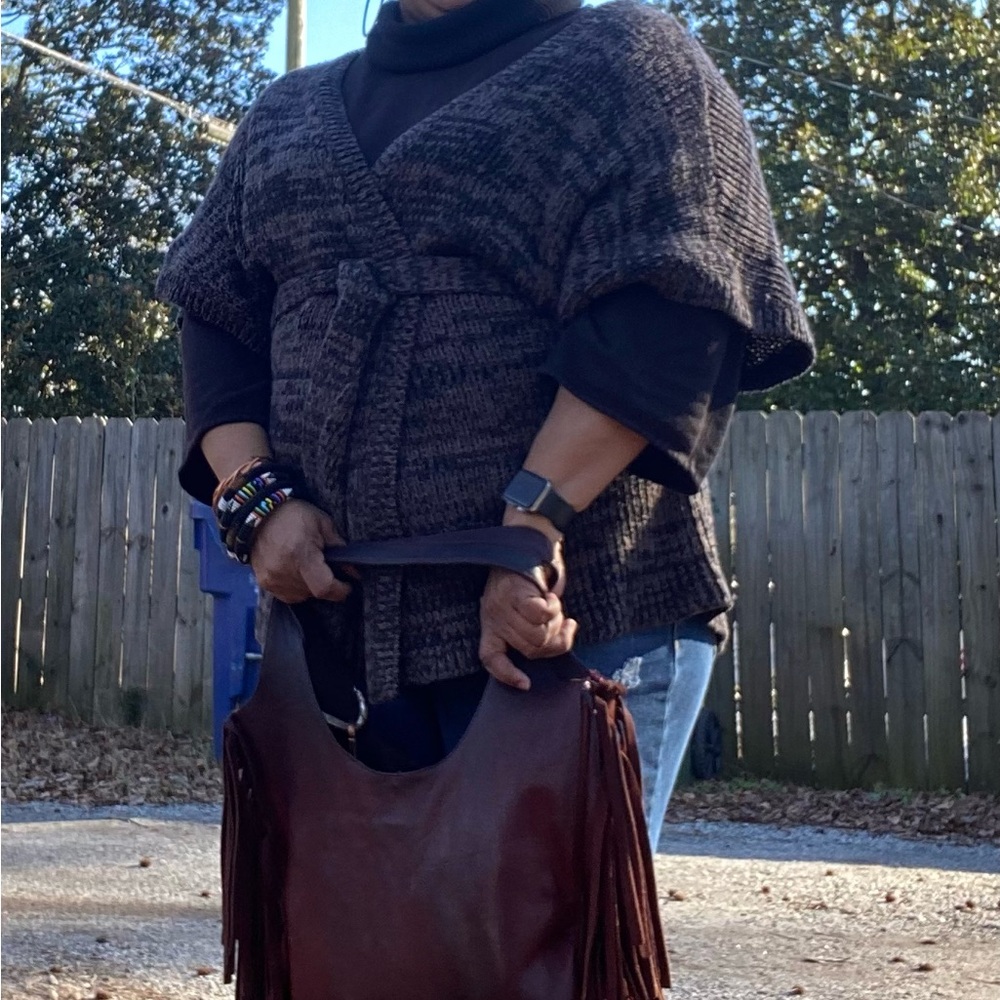 Brown Knit Poncho with Fringe Bag